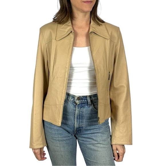 VINTAGE Y2K VID COLLECTION LEATHER LACE UP CORSET STYLE CREAM ZIP UP JACKET - Picture 3 of 15